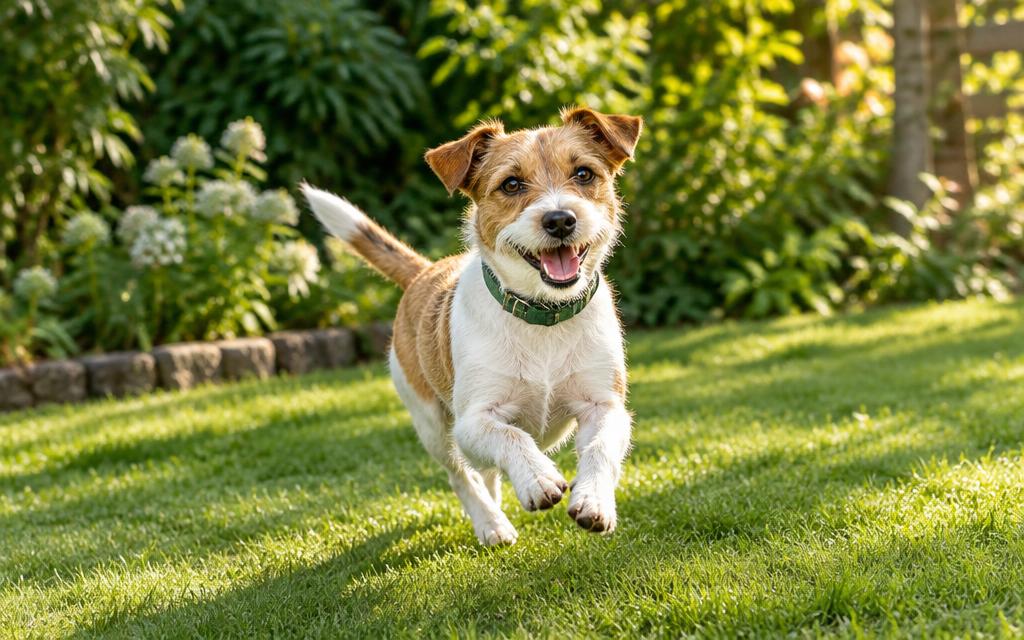 A happy terrier enjoying a sunny garden