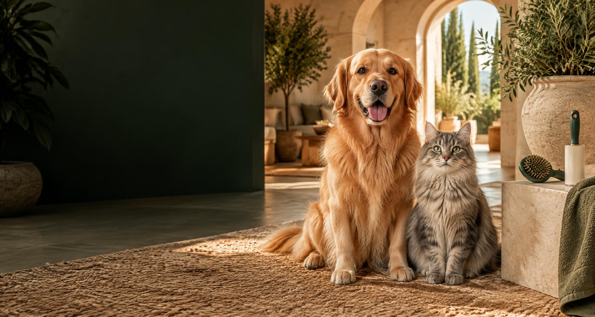 A golden retriever and a fluffy cat at home in a sunlit, plant-filled room